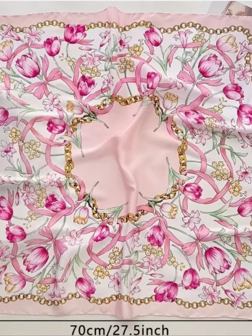 Pink Floral Silk-Feel Scarf with Gold Chain Motif - Picture 5 of 5